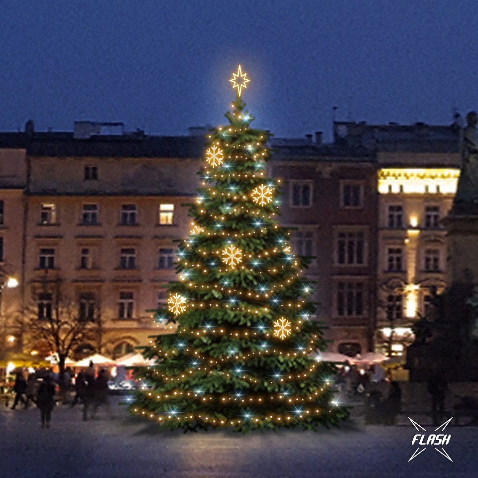 LED světelná sada na vánoční stromy vysoké 9-11 m, teplá bílá s Flash, dekory EFD02W