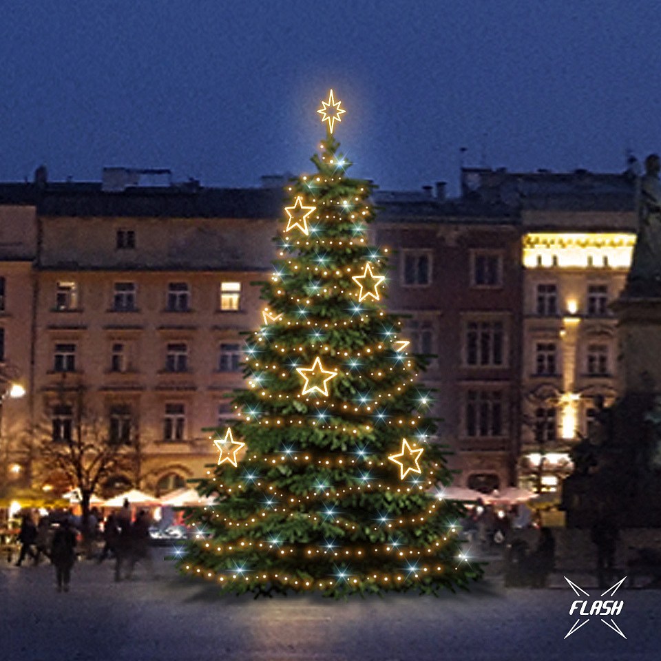 LED světelná sada na vánoční stromy vysoké 9-11 m, teplá bílá s Flash, dekory 8EFD14W