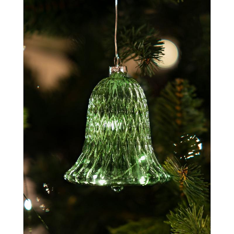 LED skleněný zvonek, zelený, 9 cm