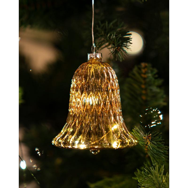 LED sklenený zvonček, zlatý, 9 cm