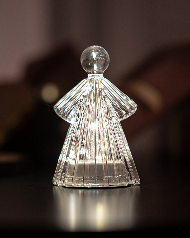 LED světelný anděl, skleněný, čirý,15 cm
