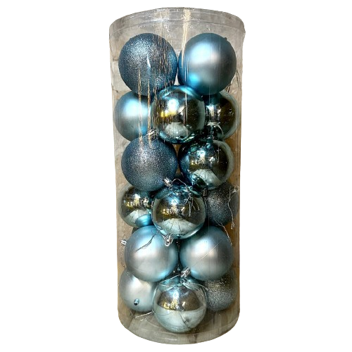 Plastové koule, prům. 8 cm, světle modrá, 8x matná, 8x glitter, 8x lesklá