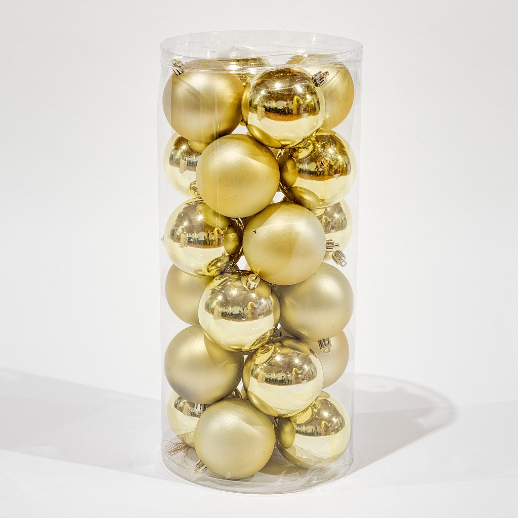 Kunststoffkugeln 24 Stk., Durchm. 6 cm, gold, 12 x glänzend, 12 x matt