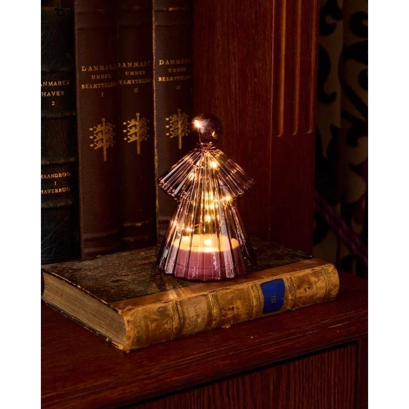 LED světelný anděl, skleněný, vínový,15 cm