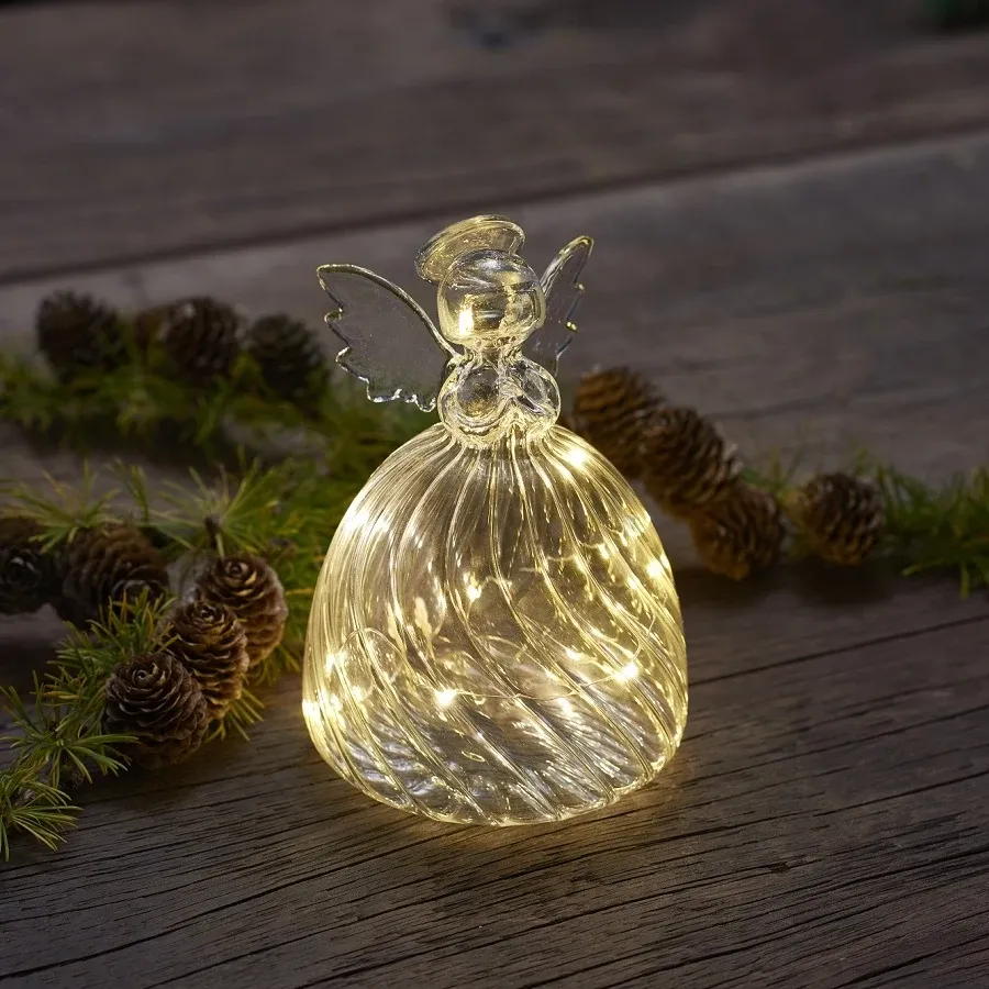 LED světelný skleněný anděl, 13cm, čirý