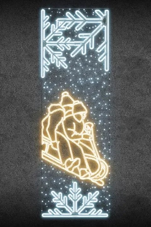 LED světelný banner - sáňkaři, 80 x 247 cm, teple a ledově bílá