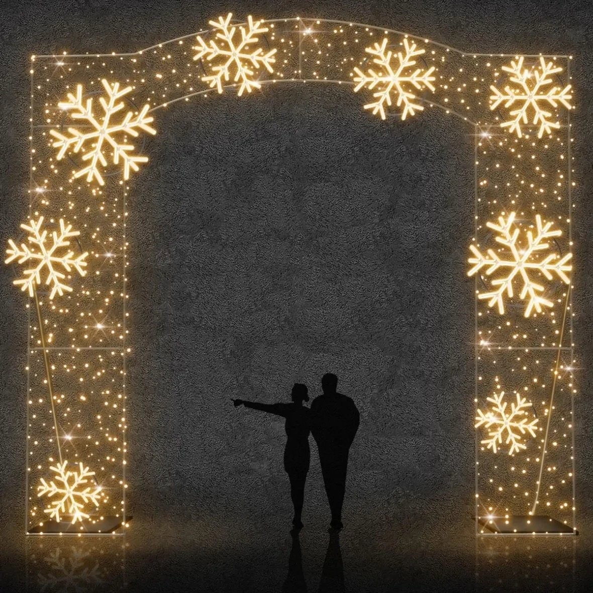 2D LED světelná brána vločky 585 × 550 cm, teple bílá, 230 V, 5 dílů, stojící