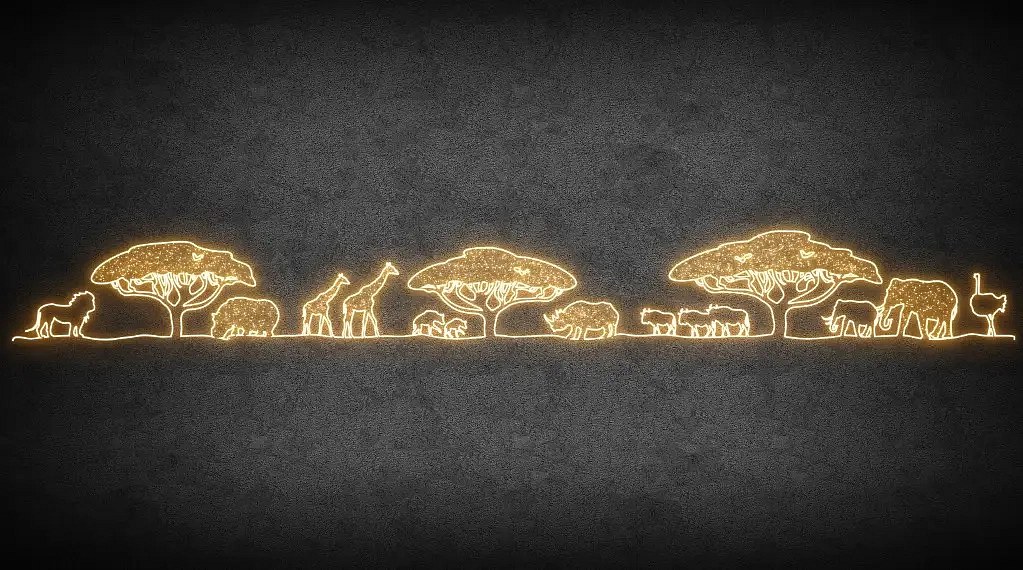 2D LED Africké zátiší, 1721 x 193 cm, teple bílá, 36 V, 265 W, ze 43 dílů, stojící