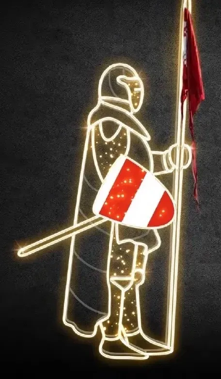 2D LED světelný rytíř VI, 245 x 110 cm, teple bílá, 36 V, 26,5 W, 10 kg, 4 díly, štít v pravé ruce, stojící