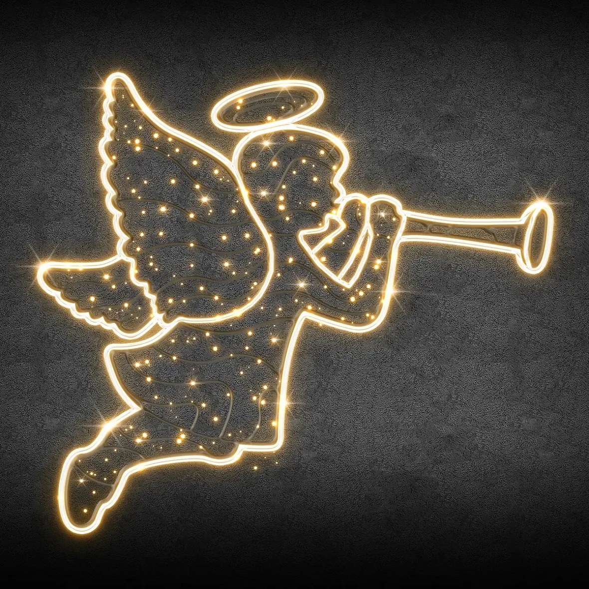 2D LED světelný dekor na VO, anděl s trubkou, 250 × 250 × 4 cm, teple bílá, 230 V, 81,4 W, 20,4 kg, z 1 dílu
