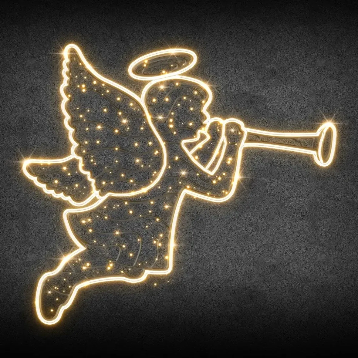 2D LED světelný dekor na VO, anděl s trubkou, 250 × 250 × 4 cm, teple bílá, 230 V, 81,4 W, 20,4 kg, z 1 dílu