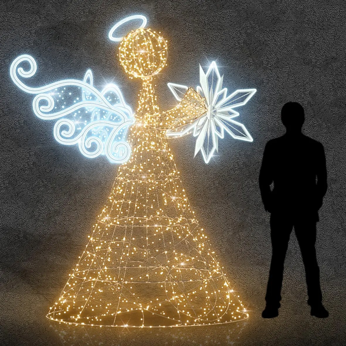 3D LED světelný anděl s hvězdou, 250 cm, teple a ledově bílá