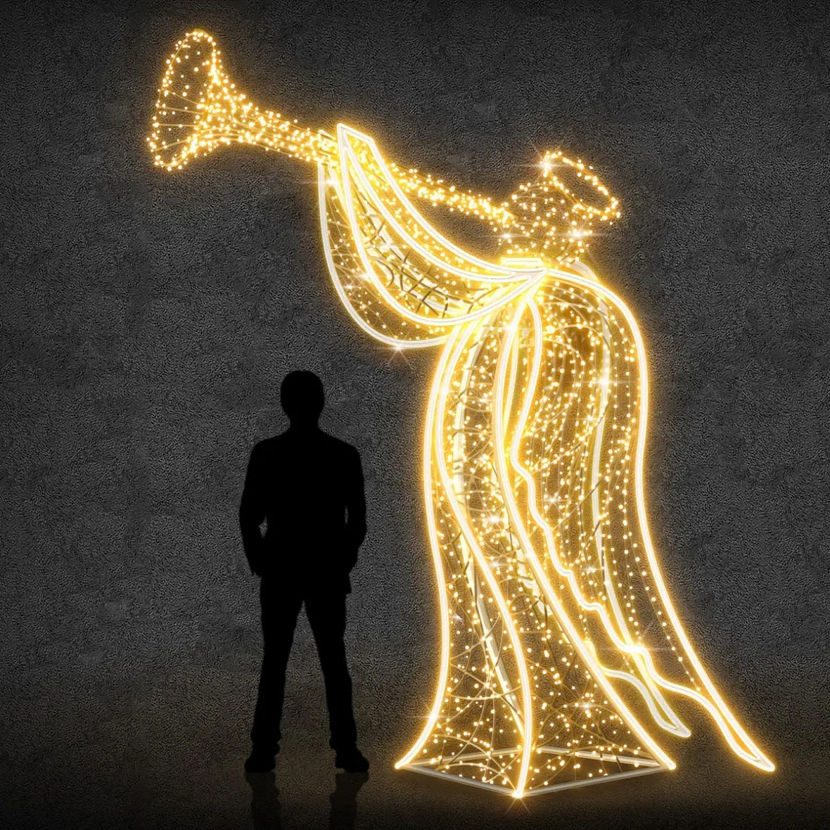 3D LED světelný anděl s trumpetou, 400 × 350 × 105 cm, teple bílá s krystalky, 36 V, 125 W, 57,2 kg, z 5 dílů