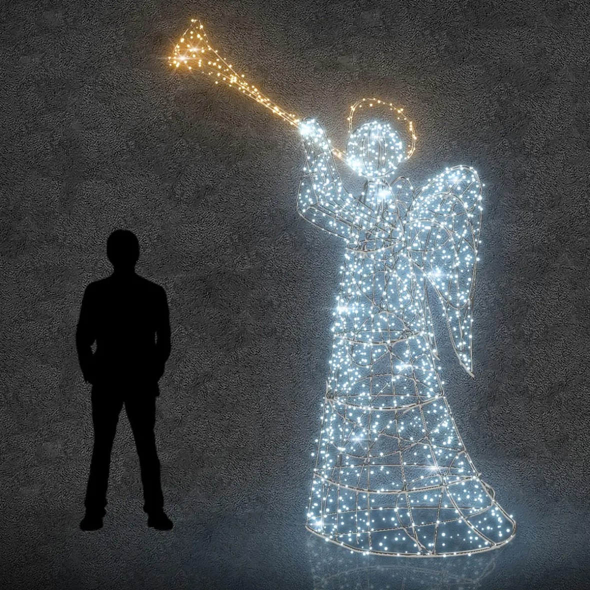 3D LED světelný anděl s trumpetou, 290 cm, ledově a teple bílá