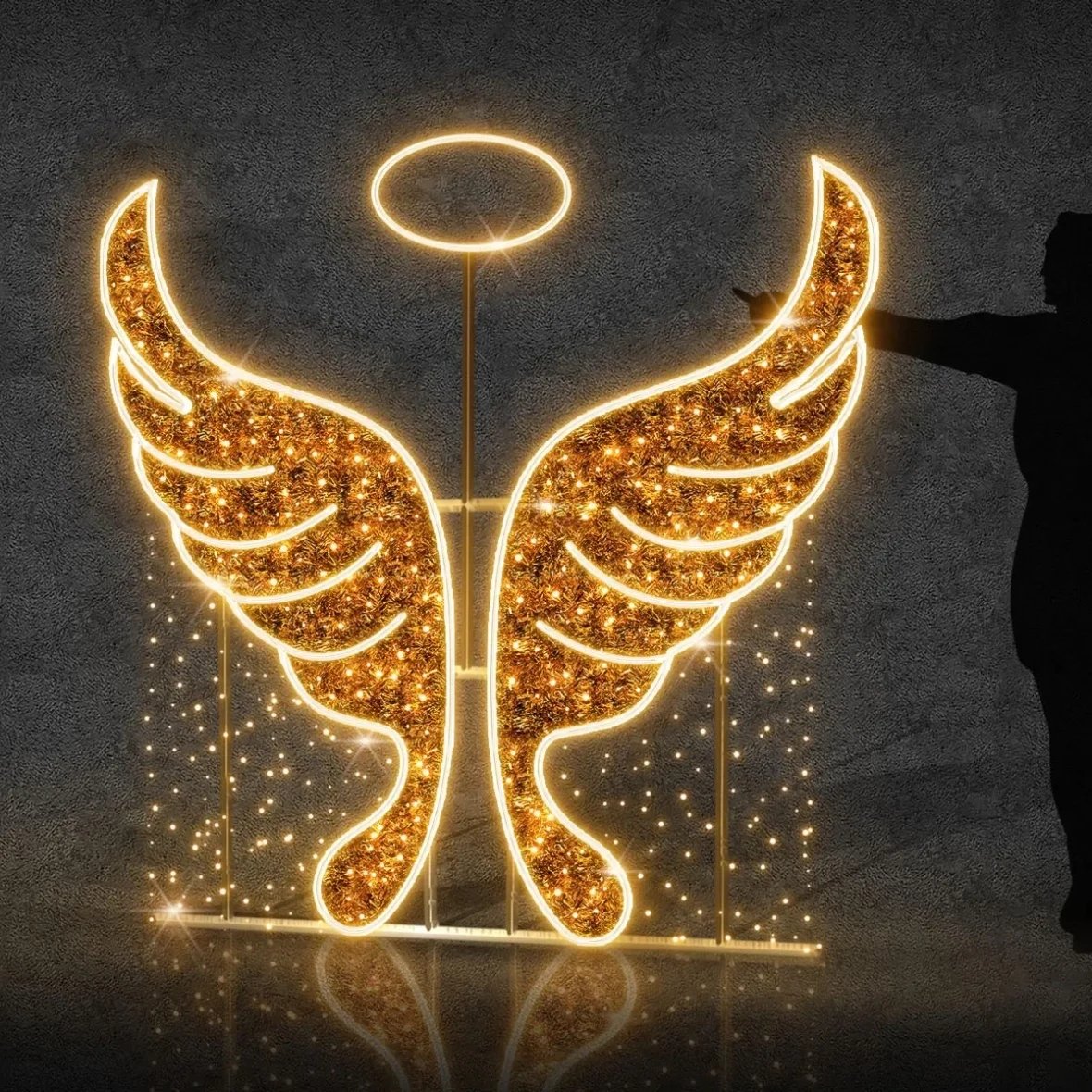 3D LED andělská křídla, 200 × 180 cm, teple bílá, 230 V, 121 W, ze 3 dílů