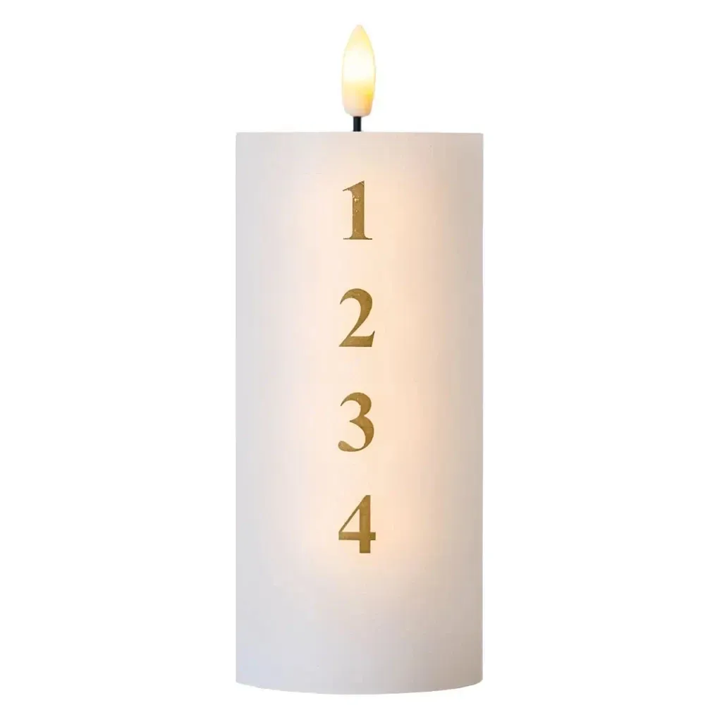 LED svíčka na baterie vosková Sille adventní s čísly, Ø 7 × 15 cm, bílázlatá