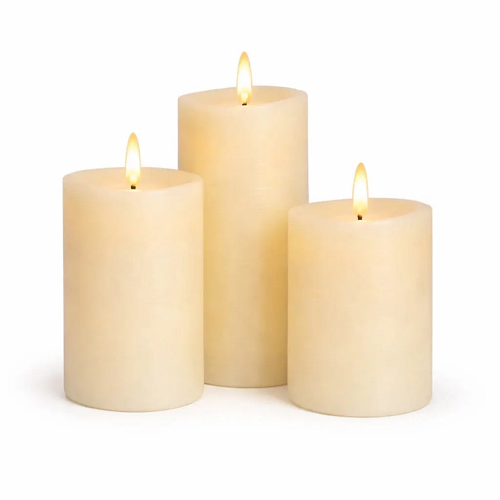 Sada LED svíček z vosku, mandlová, průměr 8 cm, s dálkovým ovladačem, AA, 3 kusy