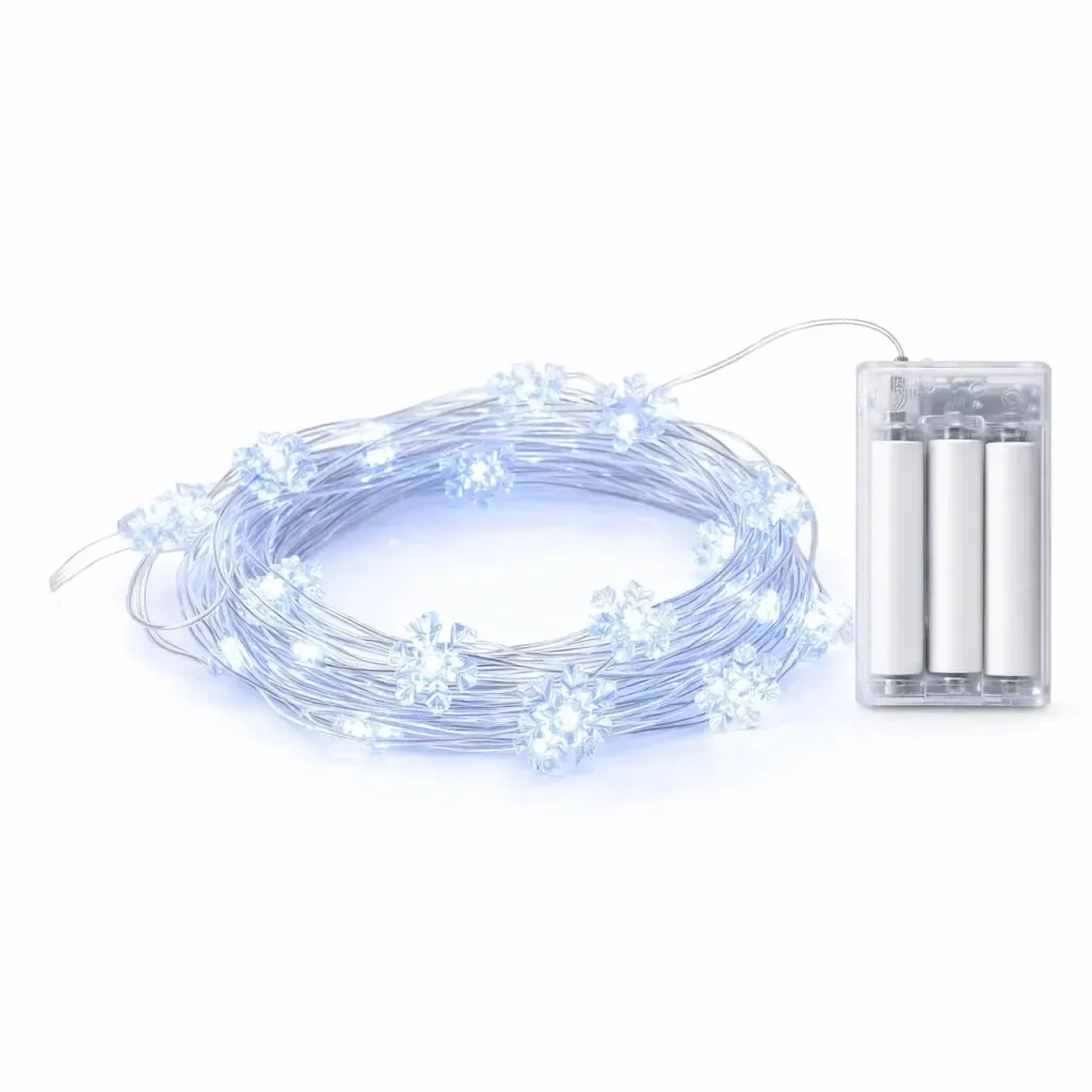 LED světýlka na baterie vločky 2,3 m, ledově bílá, 20 diod, čirý kabel IP20 interiér, 3× AA