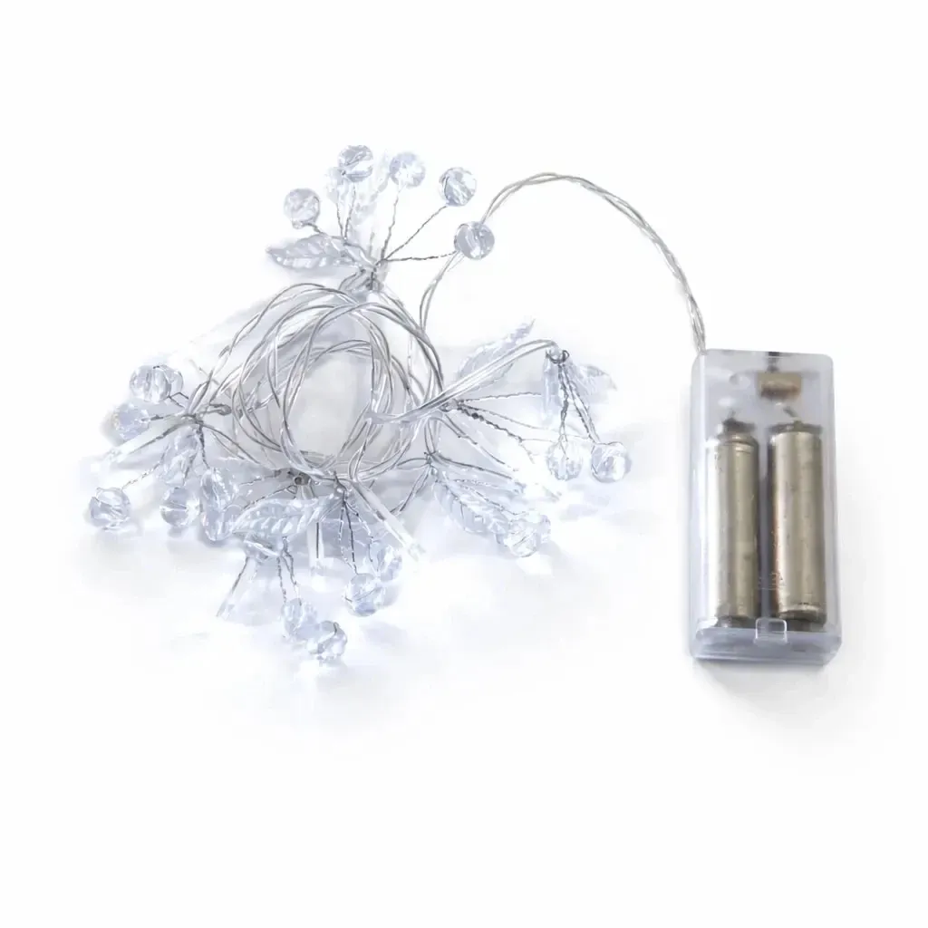 LED světýlka na baterie krystalky 1,3 m ledově bílá, 10 diod, čirý kabel IP20 interiér, 2× AA