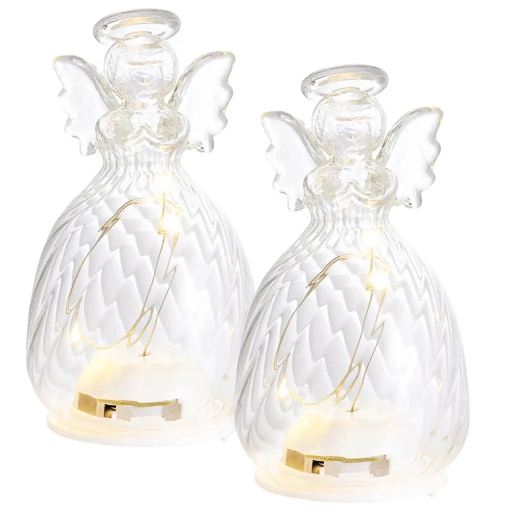 LED svítící anděl skleněný, čirý, sada 2 kusy, 8 cm