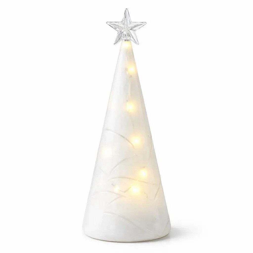 LED svítící stromeček skleněný, bílý, 22 cm, čirá hvězda