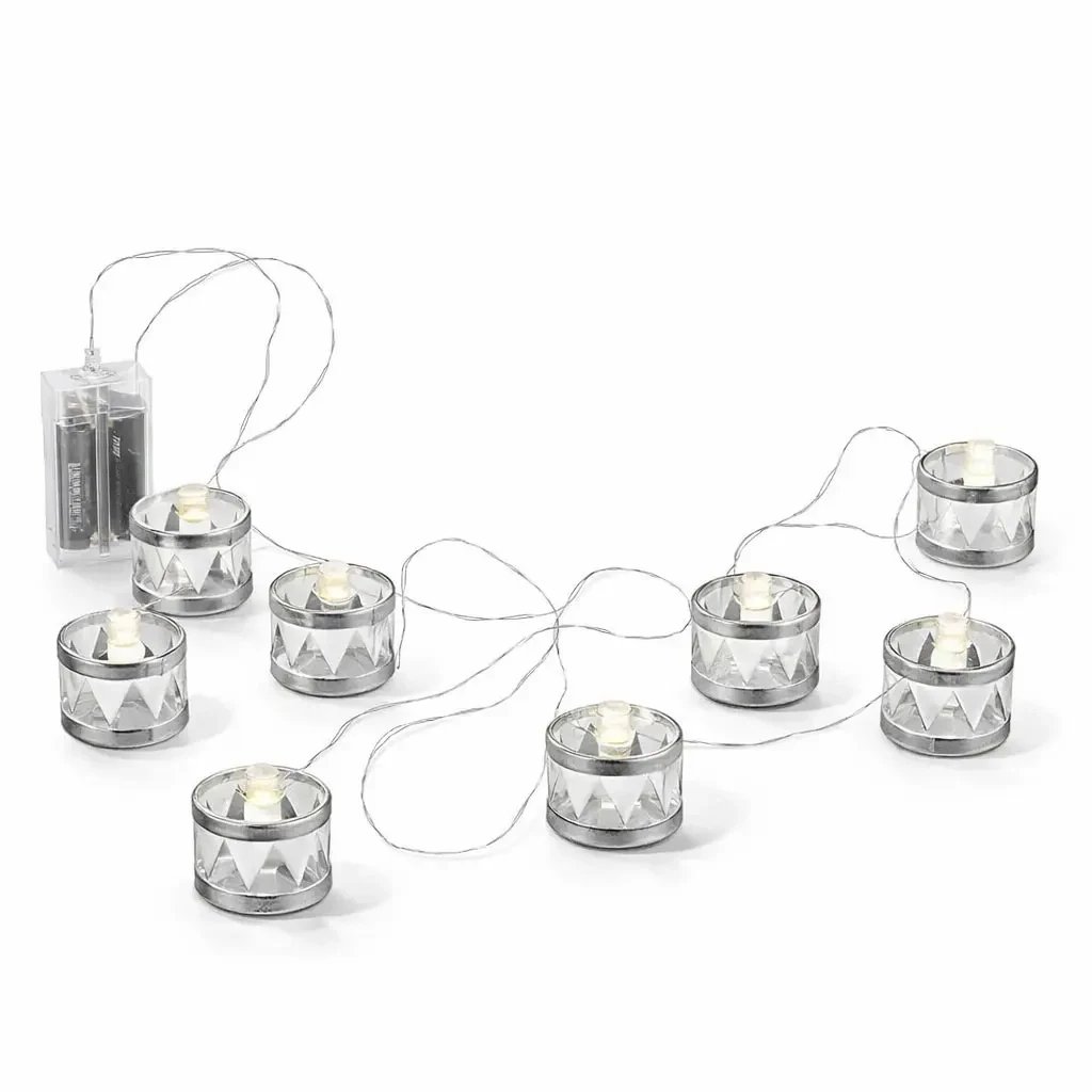 LED dekorační světelný řetěz na baterky 150 cm, stříbrné bubínky, teple bílá, 8 diod, interiér, 2× AA