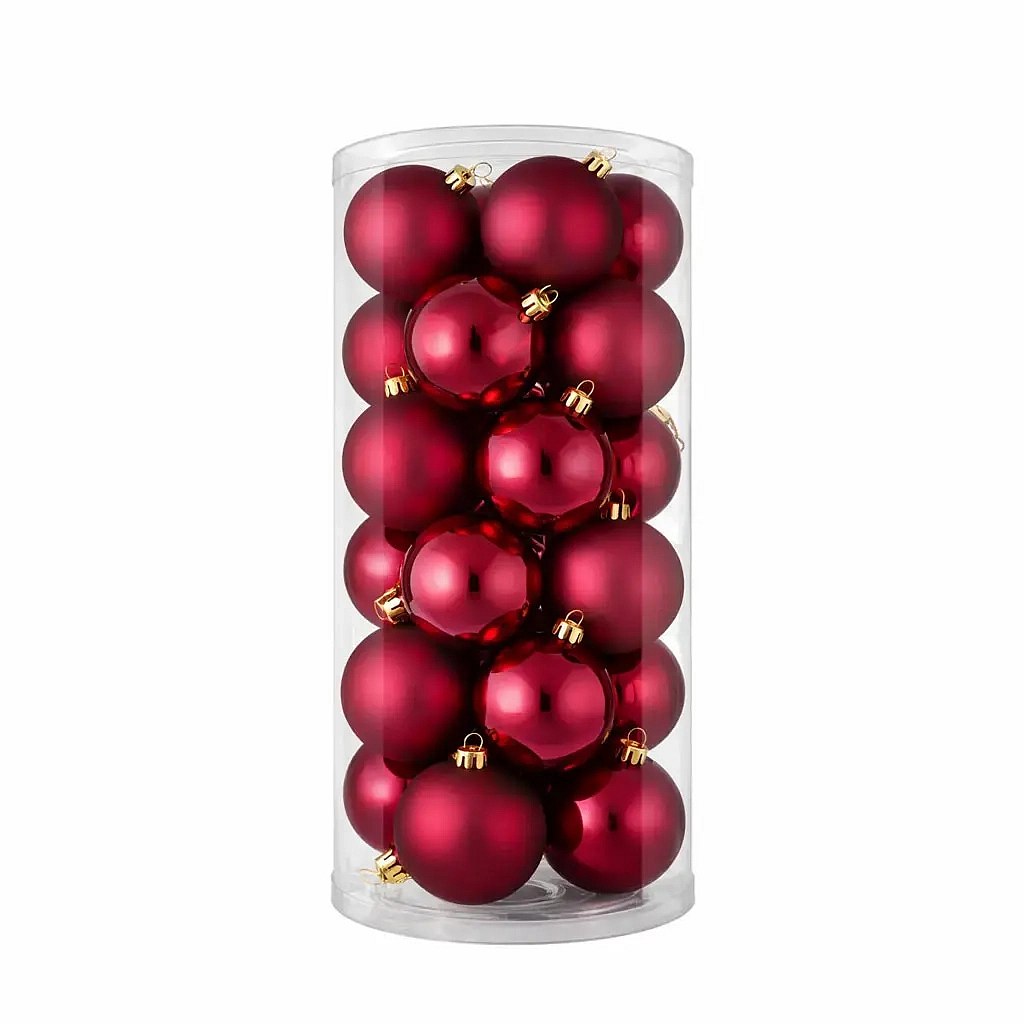 Sada vánočních ozdob vínová 8 cm plastové koule, 12× mat, 12× lesk, sada 24 baněk
