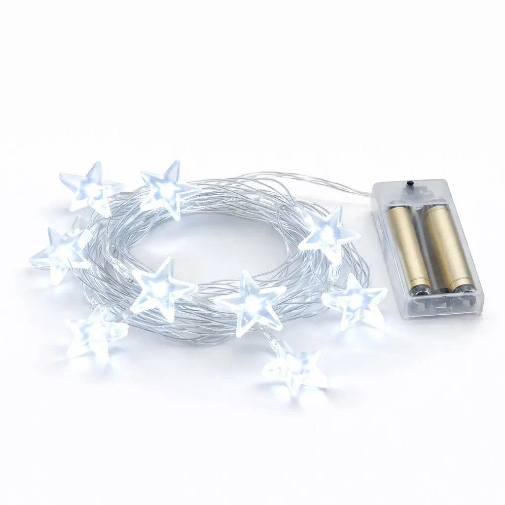 LED světýlka na baterie hvězdy 1,8 m ledově bílá, čirá barva kabelu IP20, 2× AA