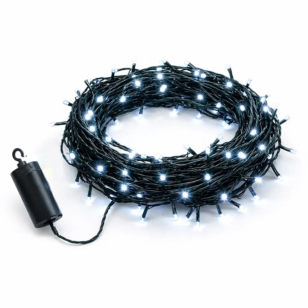 LED světýlka na baterie venkovní 10,2 m, ledově bílá, 100 diod, tmavě zelený kabel IP44