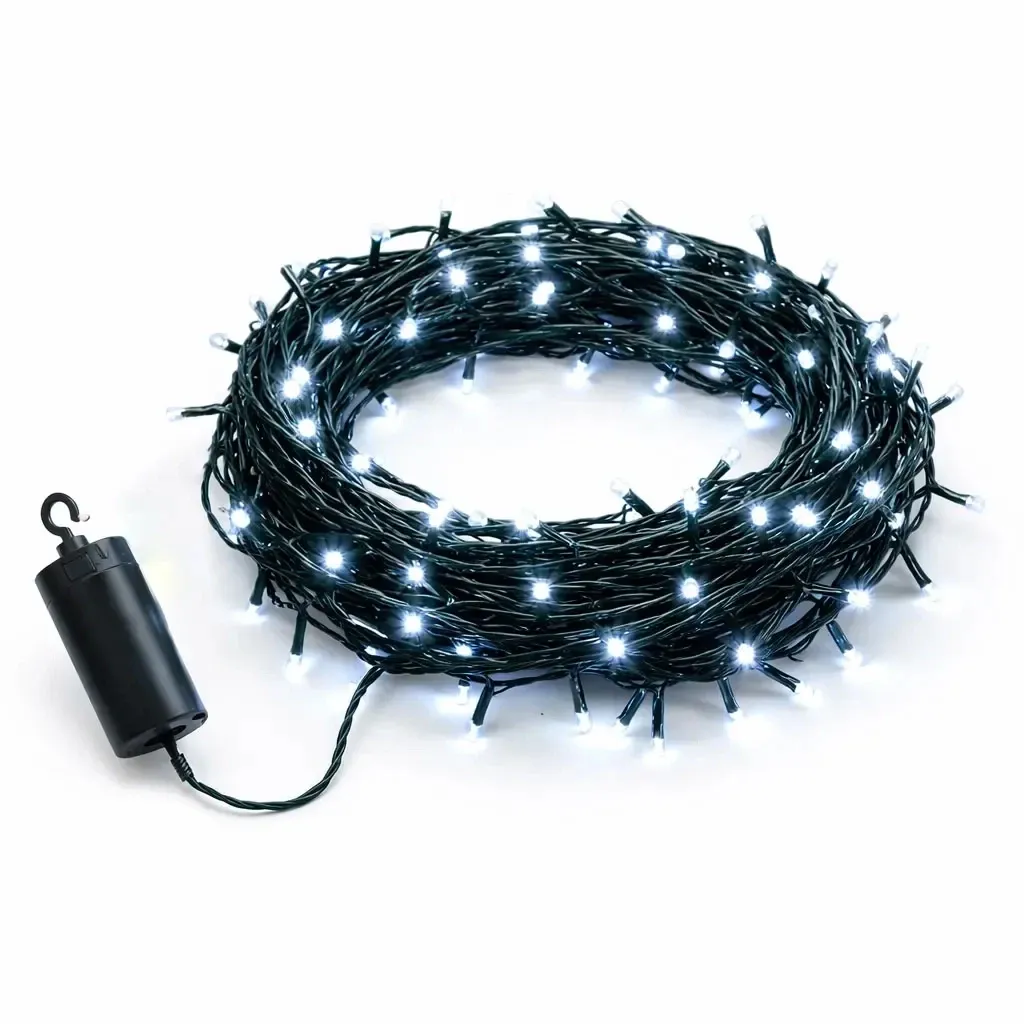 LED světýlka na baterie venkovní 10,2 m, ledově bílá, 100 diod, tmavě zelený kabel IP44