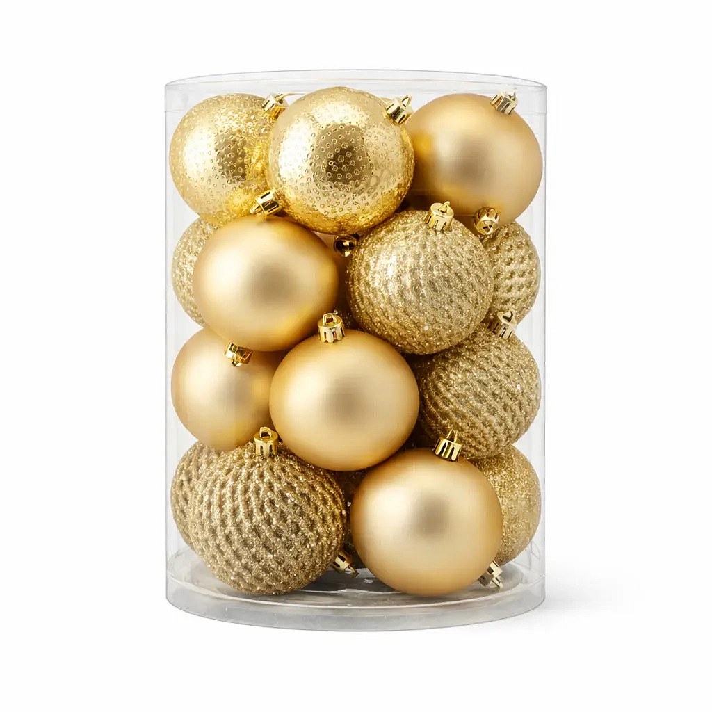 Sada vánočních ozdob zlatá 8 cm plastové baňky, 4× vrásková, 4× matná, 4× glitter, balení 16 ks