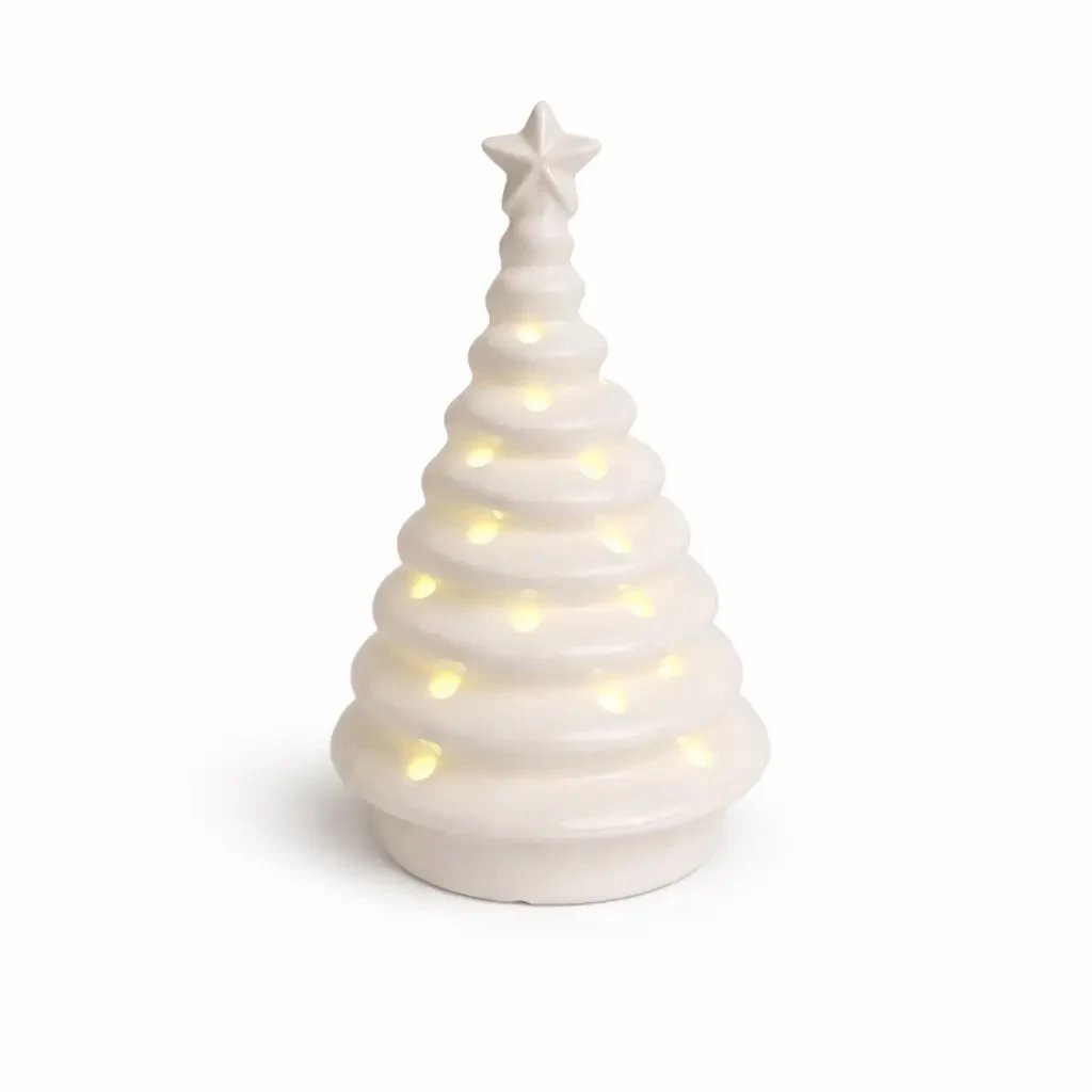 LED dekorace keramický stromeček, 6,2 × 6,2 × 11,2 cm, teple bílá, 2× LR44