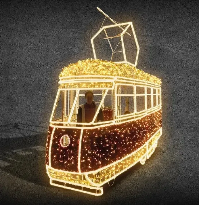 3D LED světelná tramvaj, 400 × 360 × 150 cm, teple bílá, stojící, hliník