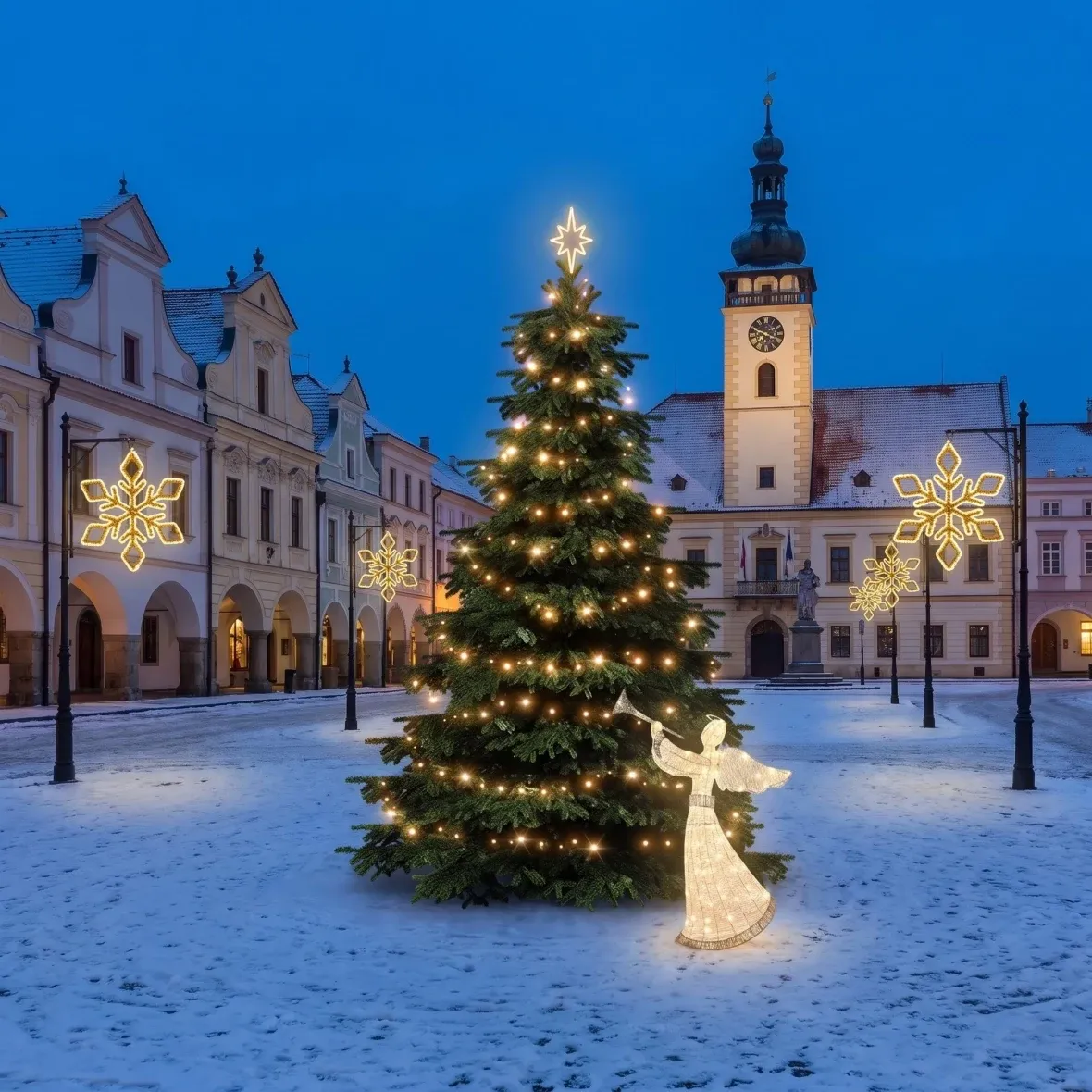 Vánoční sada pro obce Vločka IX, strom 3–5 m, 6× vločka IX na veřejné osvětlení, 3D LED anděl 122 cm, teplá bílá