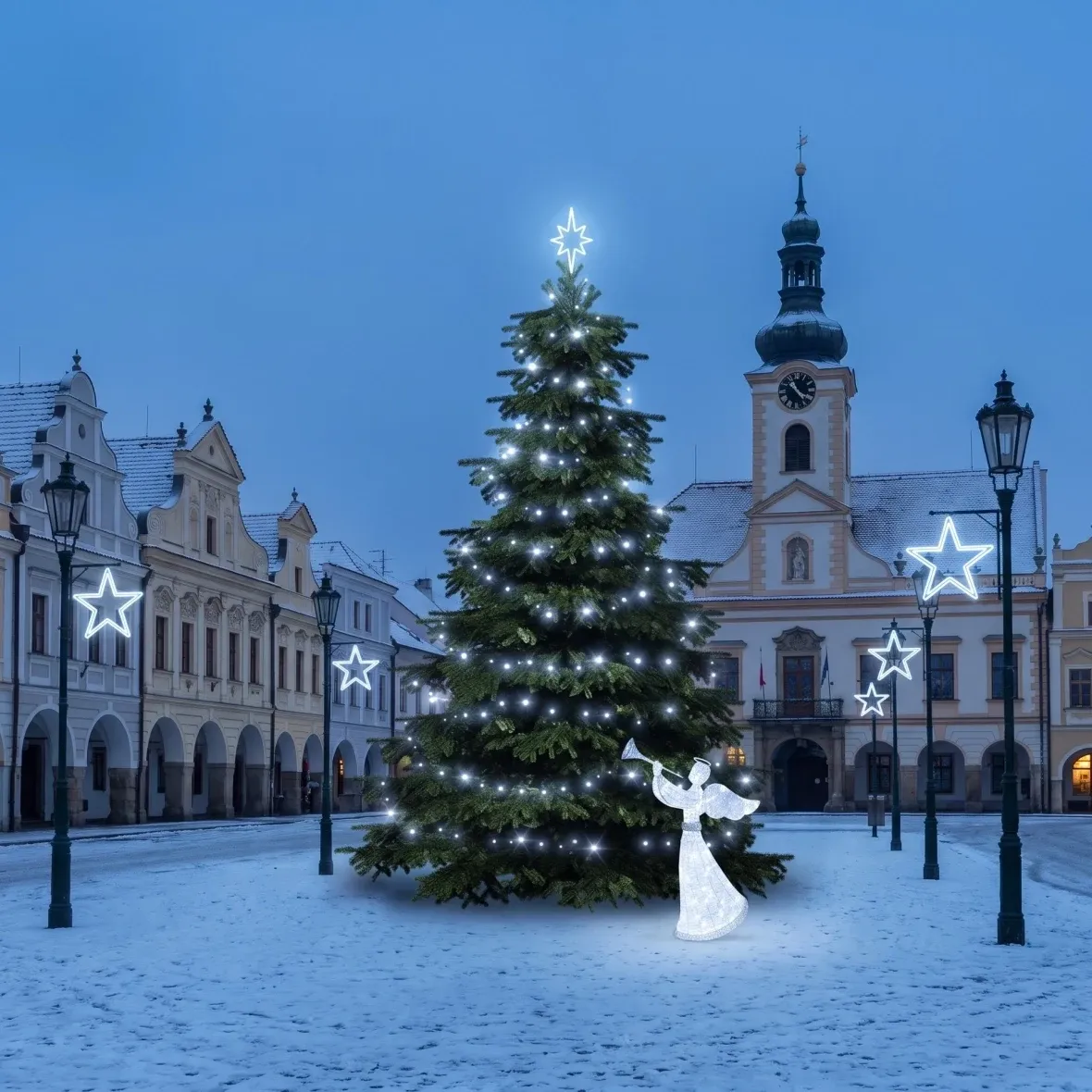 Vánoční sada pro obce Ledová hvězda, strom 3–5 m, 7× hvězda na veřejné osvětlení, 3D LED anděl 122 cm, ledová bílá
