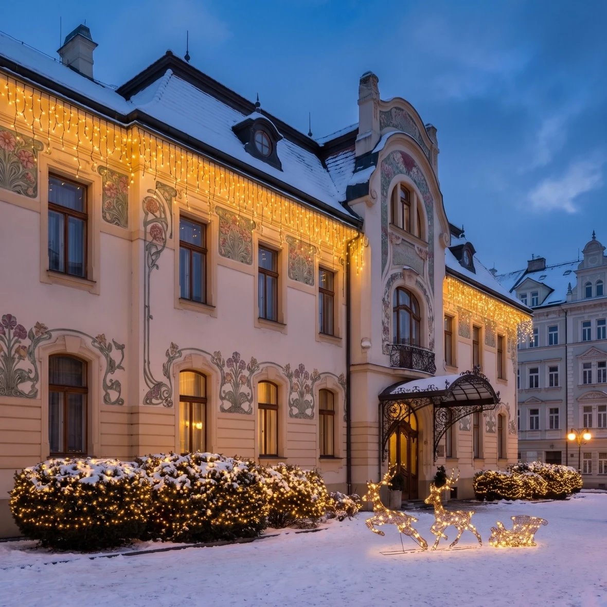 Vánoční sada Fasáda a keře pro hotely, secesní hotel v lázeňském městě