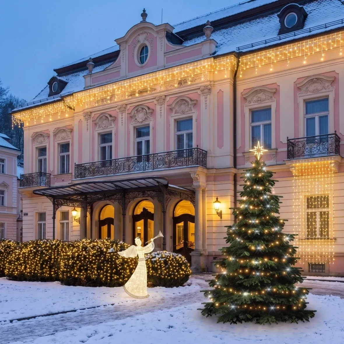Vánoční sada Třpytivá fasáda a závěs pro hotely, lázeňský hotel v karlovarském stylu