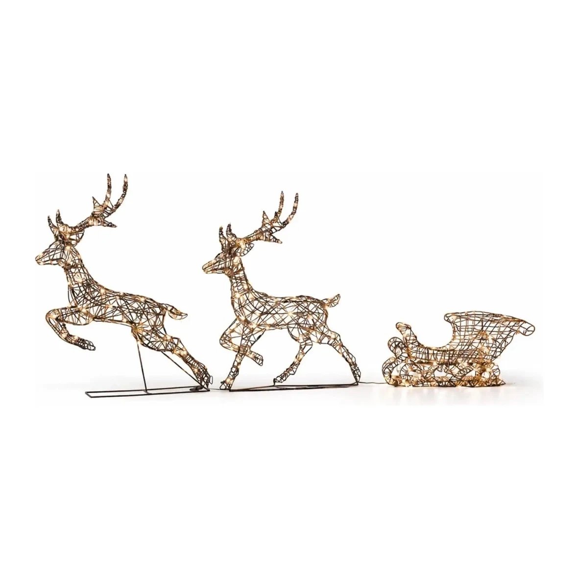 3D LED svítící jeleni a sáně, 180 × 86 × 18 cm, teple bílá, 380 LED, drát, hnědá, IP44