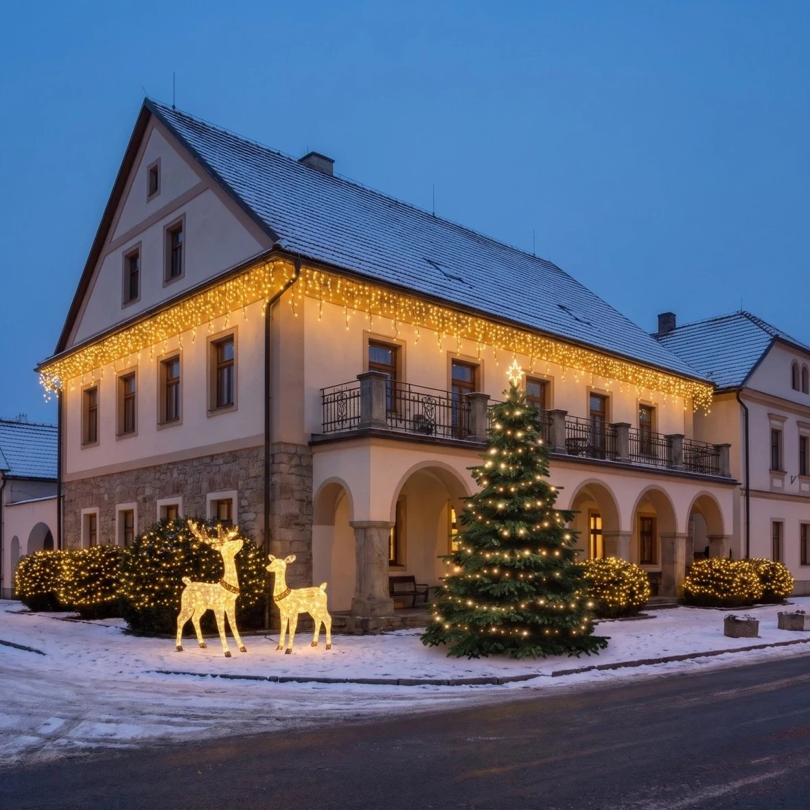 Vánoční sada Fasáda, keře a strom pro hotely, hotel na náměstí s podloubím
