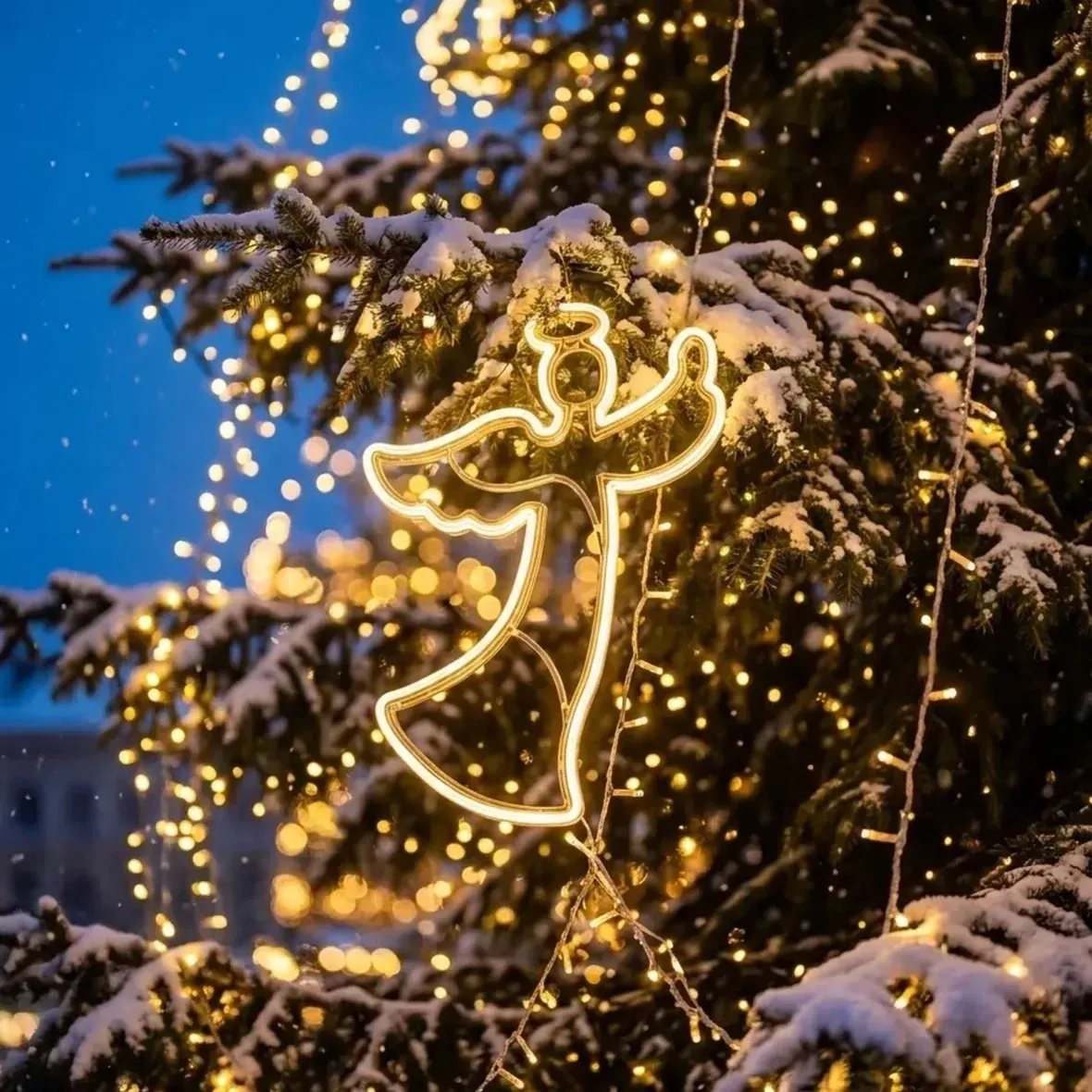 2D LED světelný anděl, 56 × 80 cm, teple bílá, na sloupy veřejného osvětlení