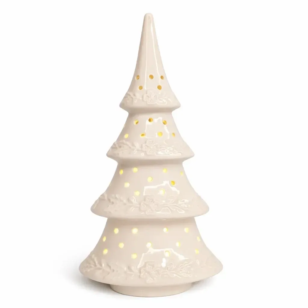 LED dekorace keramický stromeček, 15 × 9,2 × 29 cm, teple bílá, 2× LR44
