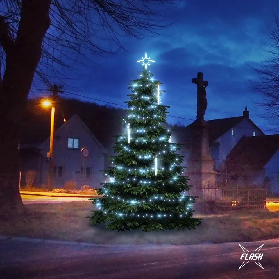 LED světelná sada na stromy vysoké 3-5 m, ledová bílá s Flash a padající sníh