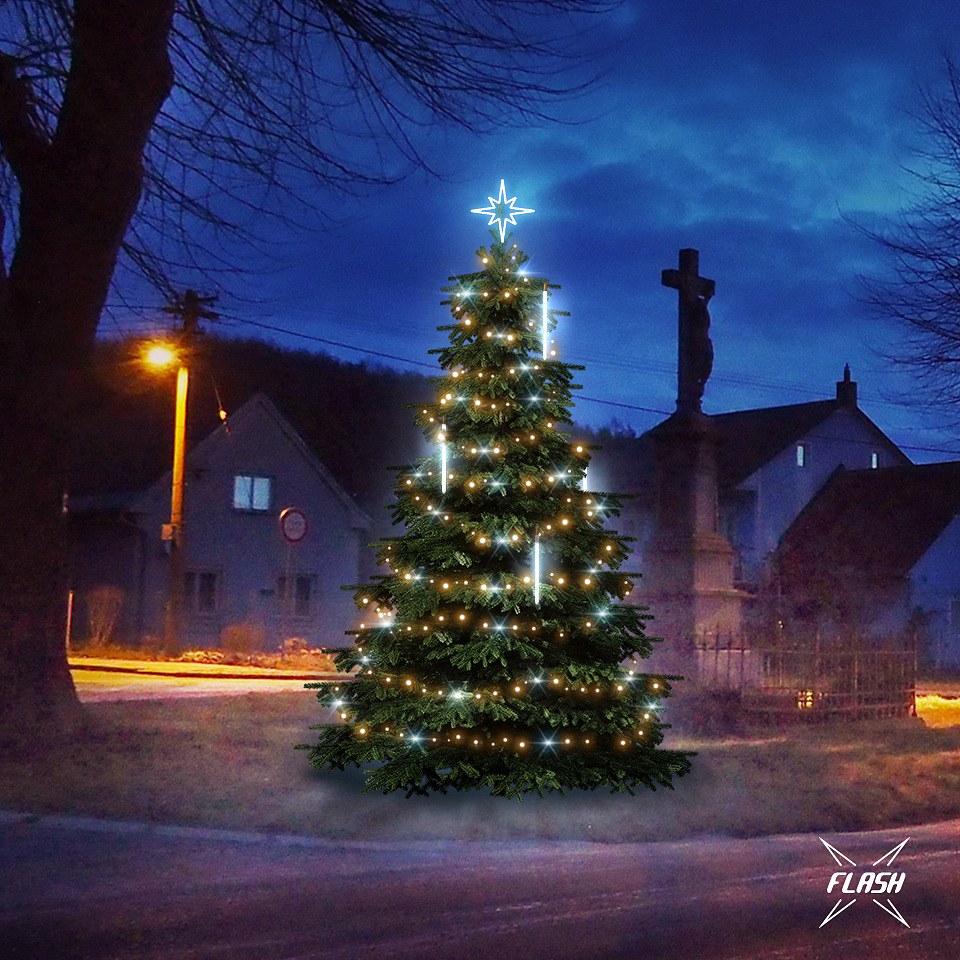 LED světelná sada na vánoční stromy vysoké 3-5 m, teplá bílá s Flash a padající sníh