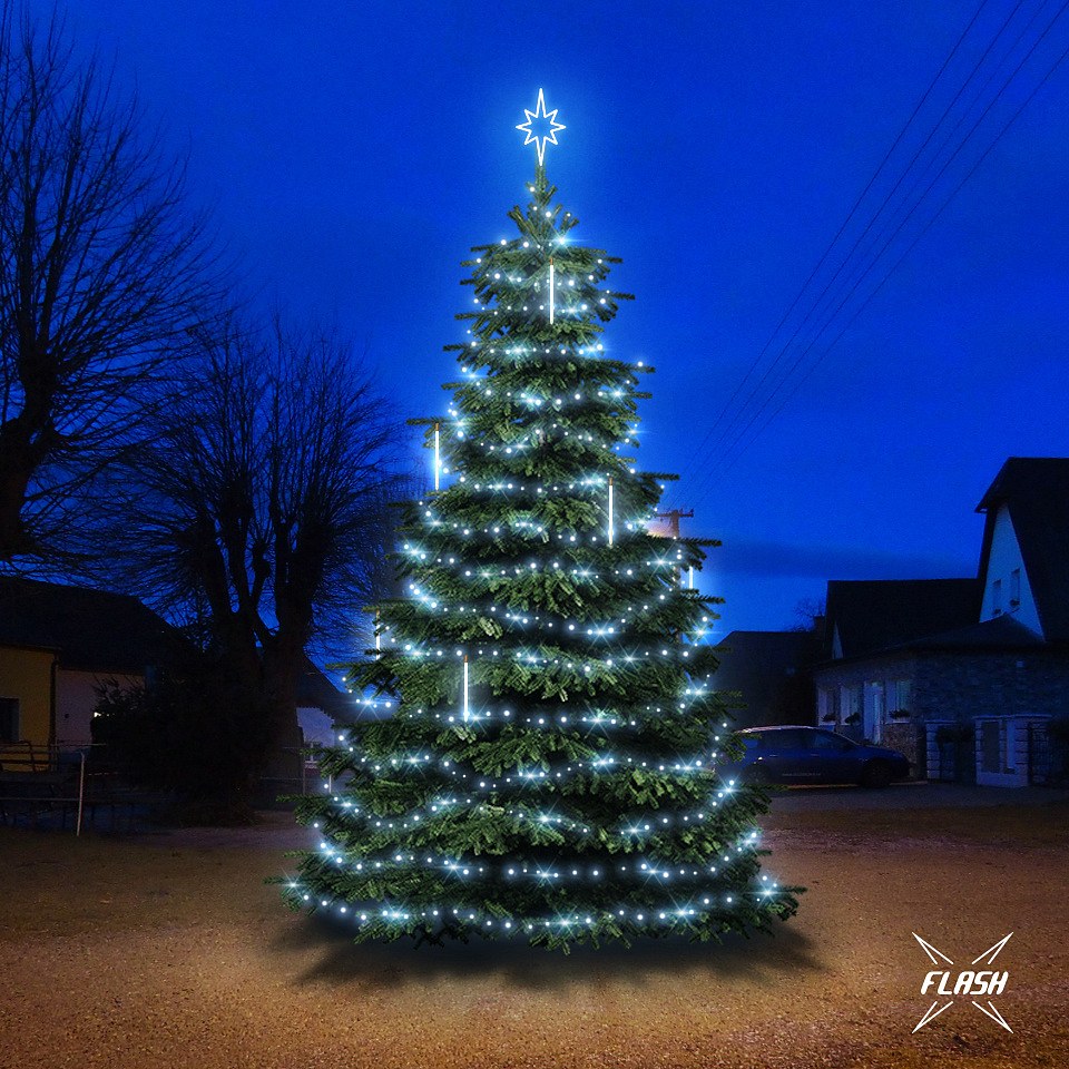 LED světelná sada na vánoční stromy vysoké 6-8 m, ledová bílá s Flash, s padajícím sněhem