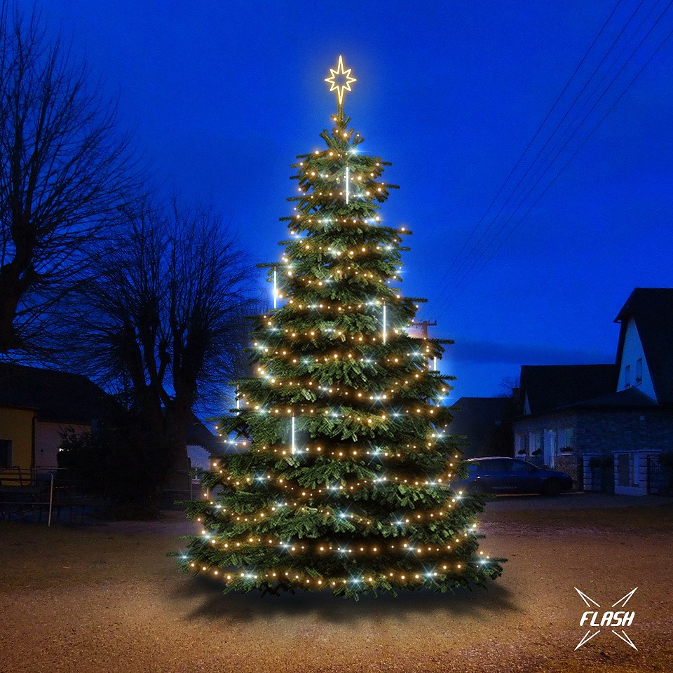 LED světelná sada na vánoční stromy vysoké 6-8 m, teplá bílá s Flash, s padajícím sněhem
