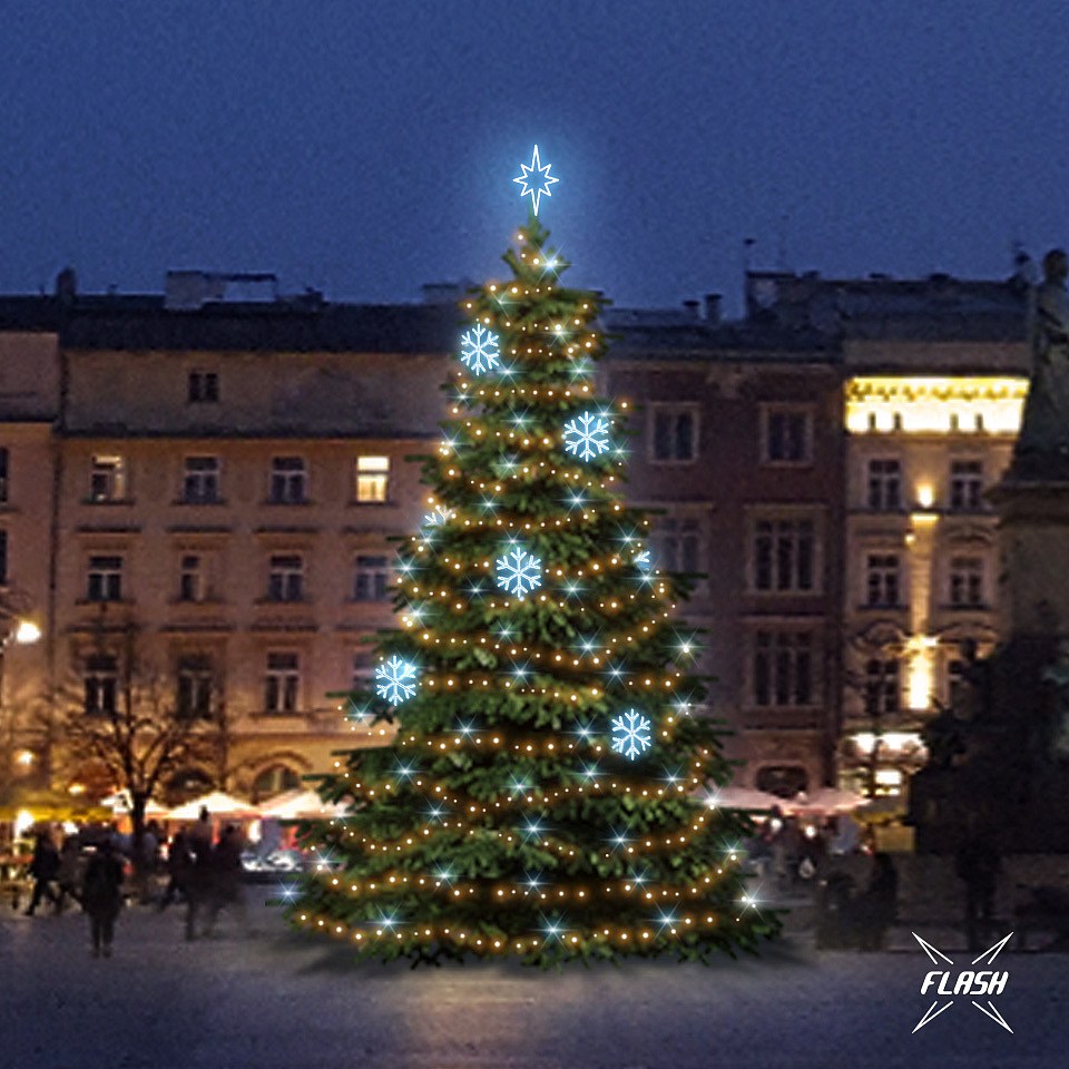 LED světelná sada na vánoční stromy vysoké 9-11 m, teplá bílá s Flash, ledové dekory EFD01