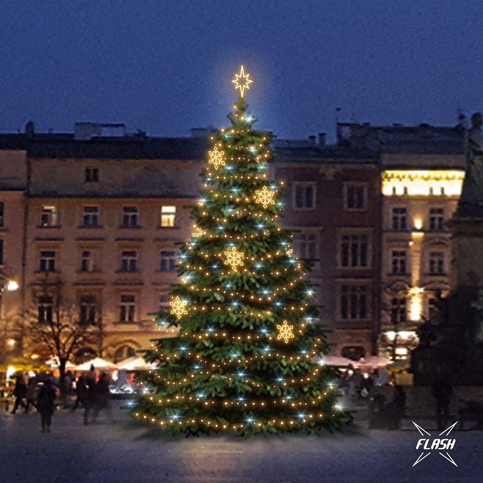 LED světelná sada na vánoční stromy vysoké 9-11 m, teplá bílá s Flash, dekory EFD05W
