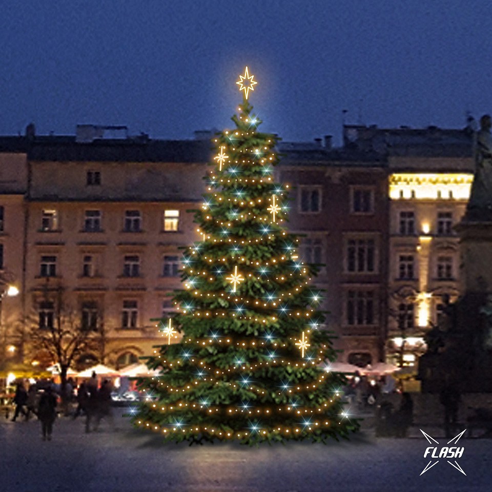 LED světelná sada na vánoční stromy vysoké 9-11 m, teplá bílá s Flash, dekory DZ113WS3