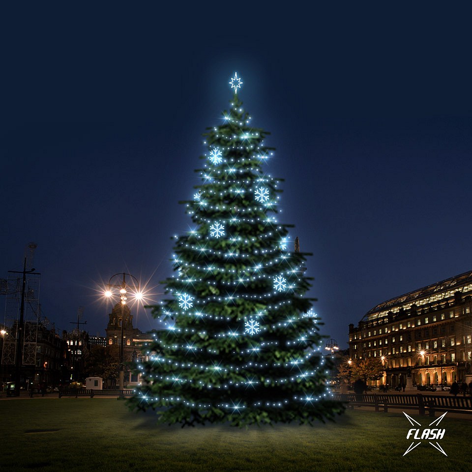 LED světelná sada na  vánoční stromy vysoké 12-14 m, ledová bílá s Flash, dekory EFD01