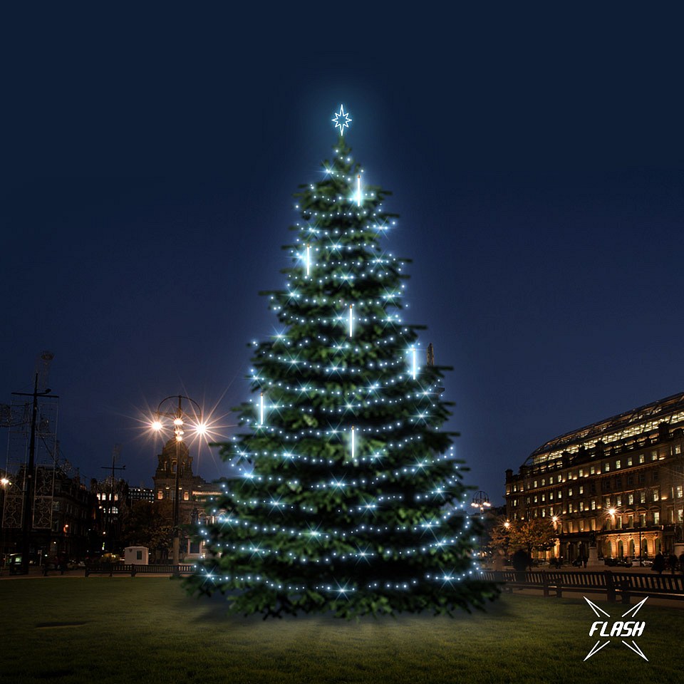 LED světelná sada na vánoční stromy vysoké 12-14 m, ledová bílá s Flash, s padajícím sněhem